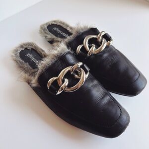 Jeffrey Campbell Leather Loafer Slides With Faux Fur